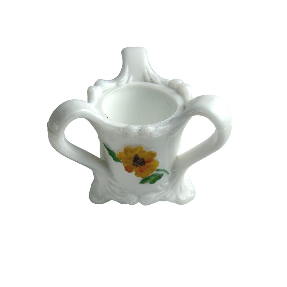 Vintage Kemple Milk Glass Toothpick Holder Three Handled Hand Painted Floral